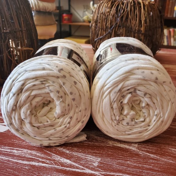 Lion Brand Other - 2 Skeins of Lion Brand Fettuccini Fabric Remnant Yarn - White with Grey Hearts